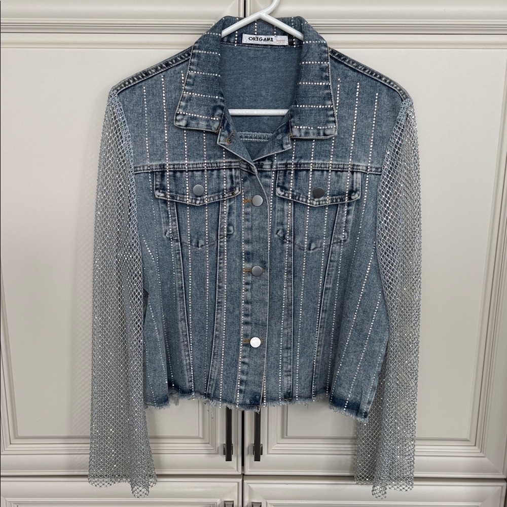 Chic Denim Jean Jacket with Mesh Sleeves